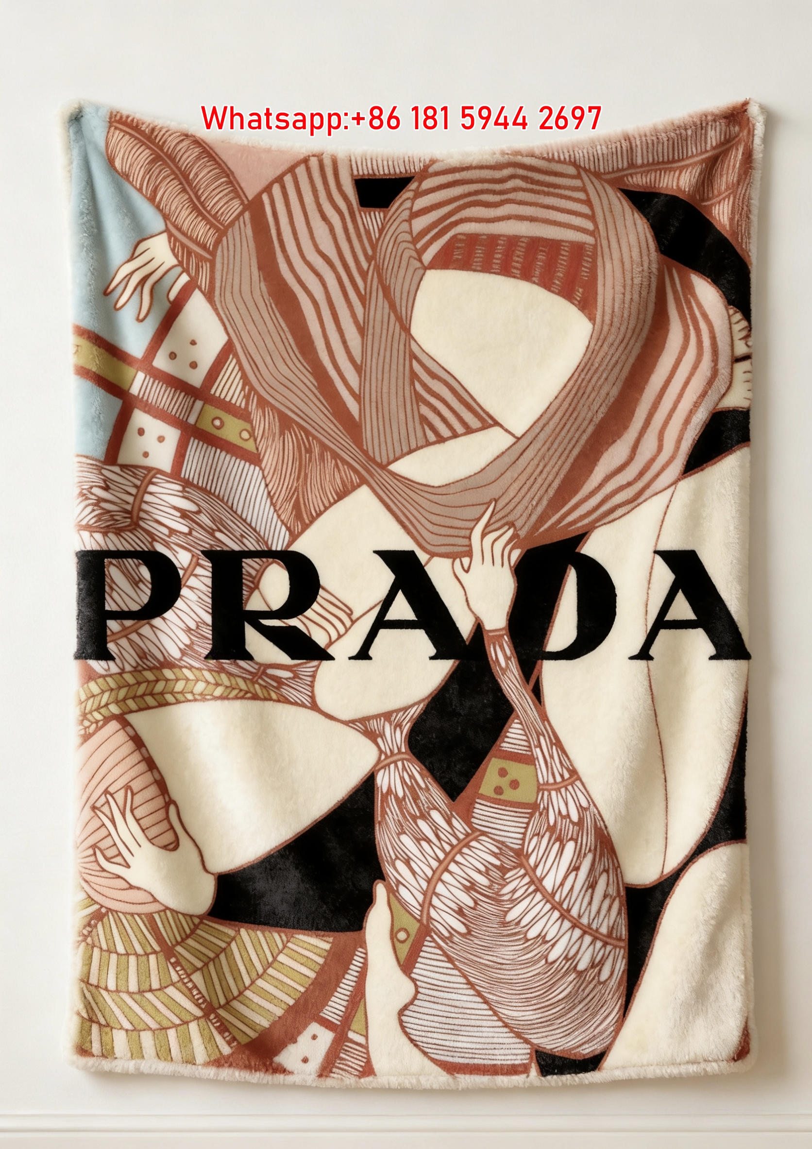 Prada Abstract Art Print Multicolor Beige Red Flannel Throw Blanket Luxury Designer Printed Sofa Cover Blanket IMG_2658